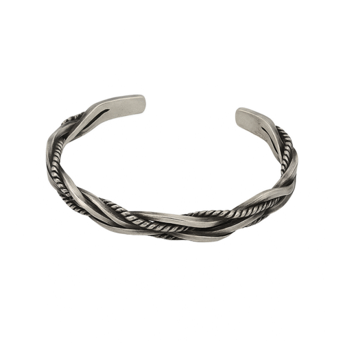 Celeste Intreccio twisted woven bangle in 925 sterling silver, featuring a handcrafted rope and smooth strand design, displayed on a clean white background.