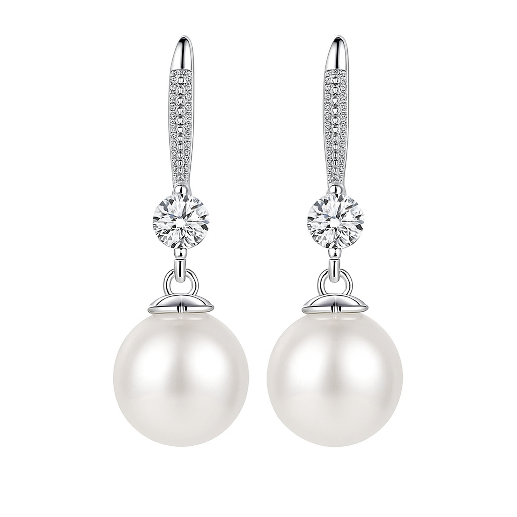 Elegant drop earrings crafted from 925 sterling silver, featuring sparkling zircon stones and lustrous pearls, displayed on a clean white background.