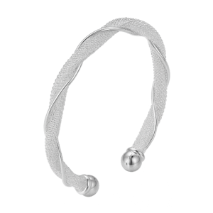 Elena Twist sterling silver bangle with an intricate weave twine design, featuring polished and textured strands with round end caps, displayed on a clean white background.