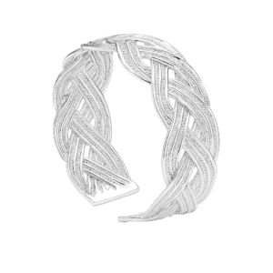 Elegant sterling silver woven bangle with an intricate braided design, displayed on a white background to highlight its polished shine and craftsmanship.