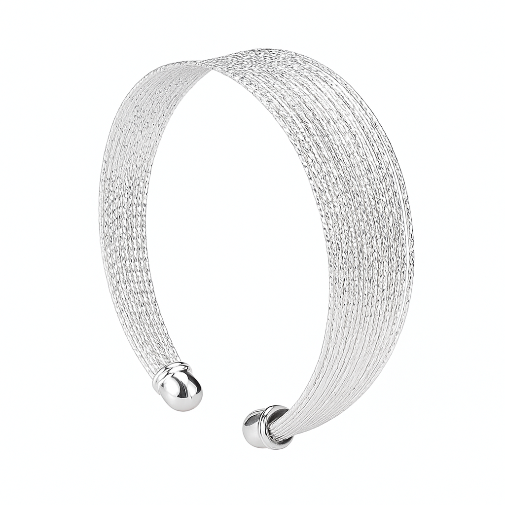 Elegant 925 sterling silver cuff bracelet with a multi-strand textured design, displayed on a clean white background for a polished and refined look.