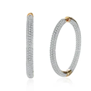 Elegant 34mm circular earrings crafted from 925 sterling silver with 24K gold plating, adorned with sparkling zircon stones, displayed on a white background.