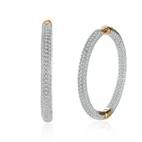 Elegant 34mm circular earrings crafted from 925 sterling silver with 24K gold plating, adorned with sparkling zircon stones, displayed on a white background.