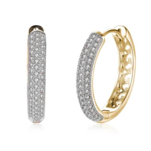 Elegant circular earrings crafted from 925 sterling silver with 24K gold plating, featuring sparkling zircon stones, displayed on a clean white background.