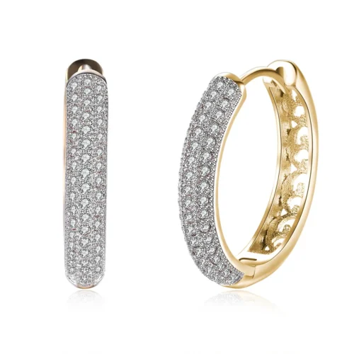 Elegant circular earrings crafted from 925 sterling silver with 24K gold plating, featuring sparkling zircon stones, displayed on a clean white background.