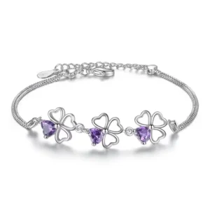 Fine 925 sterling silver bracelet featuring a purple crystal four-leaf clover charm, designed for women as a stylish accessory for parties, weddings, and special occasions.